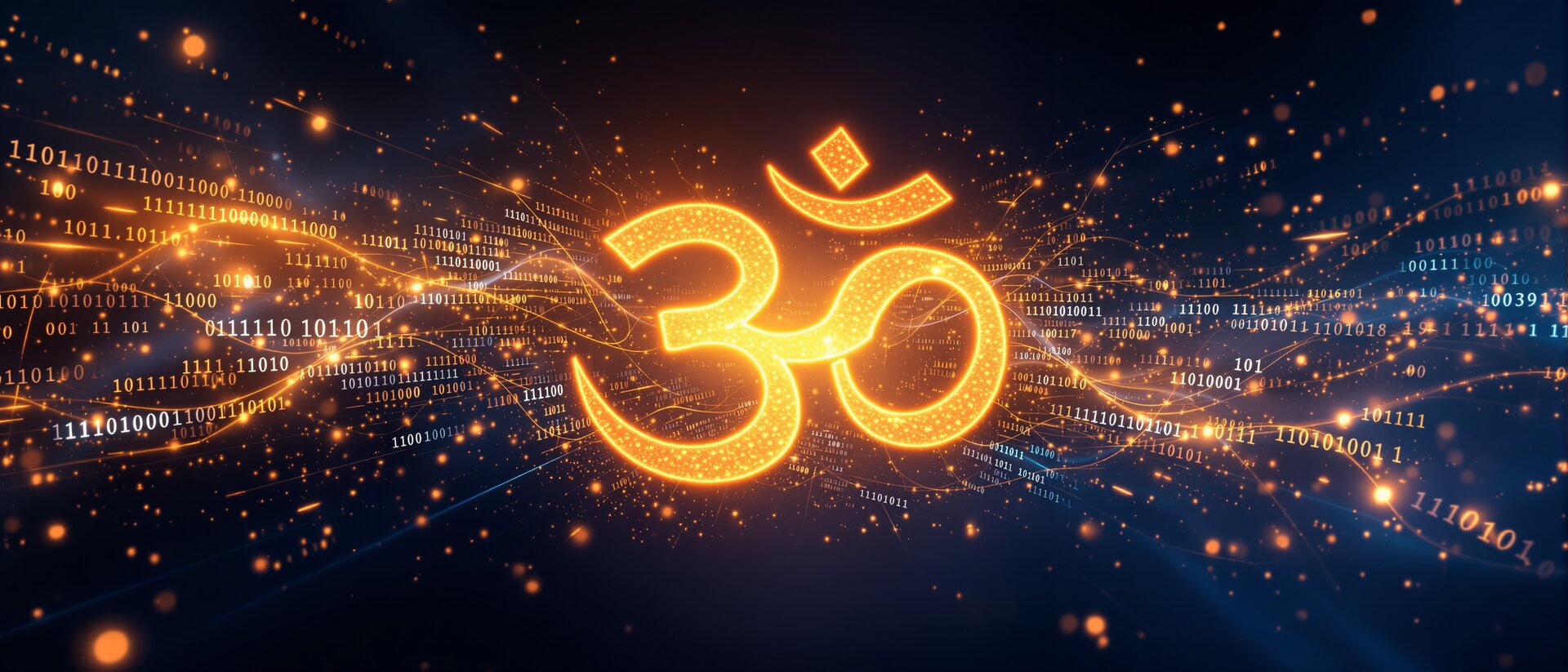 Sanskrit characters dissolving into streams of code — where ancient grammar meets modern programming