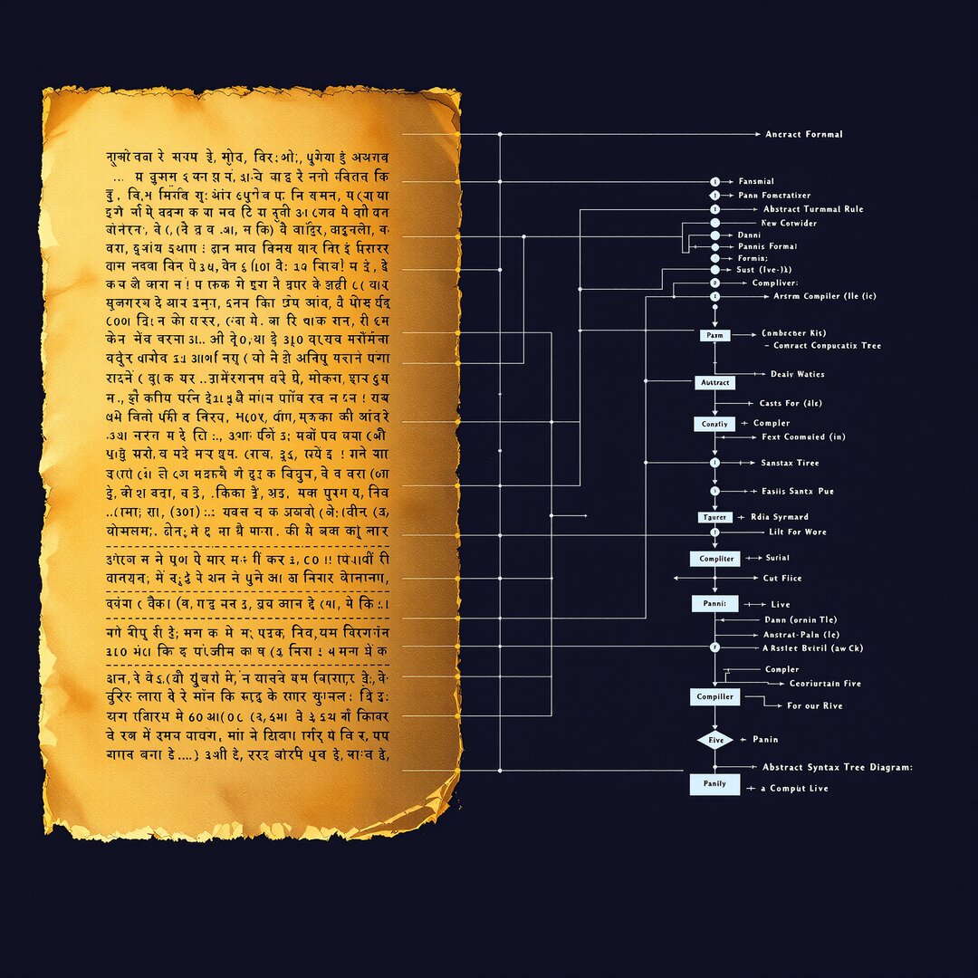 Ancient manuscript with formal notation transforming into a modern compiler diagram